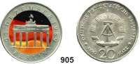 Deutsche Demokratische Republik, 20 Mark 1990 (K/N, Farbmünze). Öffnung des Brandenburger Tors.