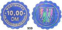 Notmünzen; Marken und Zeichen,0 Brandenburg (Brandenburg) JVA Brandenburg/Havel. Plastikwertmarken zu 0,01; 0,10; 0,50; 1,00; 5,00; 10,00; 20,00 und 50,00 DM o.J. Menzel 3374.1, 3-9. LOT. 8 Stück.