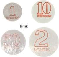Deutsche Demokratische Republik,Kleinmünzen VEB Münze der DDR. Betriebsgeld für Angestellte der Münze. Einseitige Plastikmarken o.J. Wertstufen 1, 10, 50 Pfennig und 2 Mark (Motive ähnlich den Wertseiten der Umlaufmünzen). 18 bis 28 mm. LOT. 4 Stück.