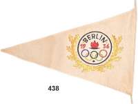 M E D A I L L E N,Olympiade Berlin 1936 Wimpel (Leinen, mehrfarbig bestickt). 24/1 x 36 cm.